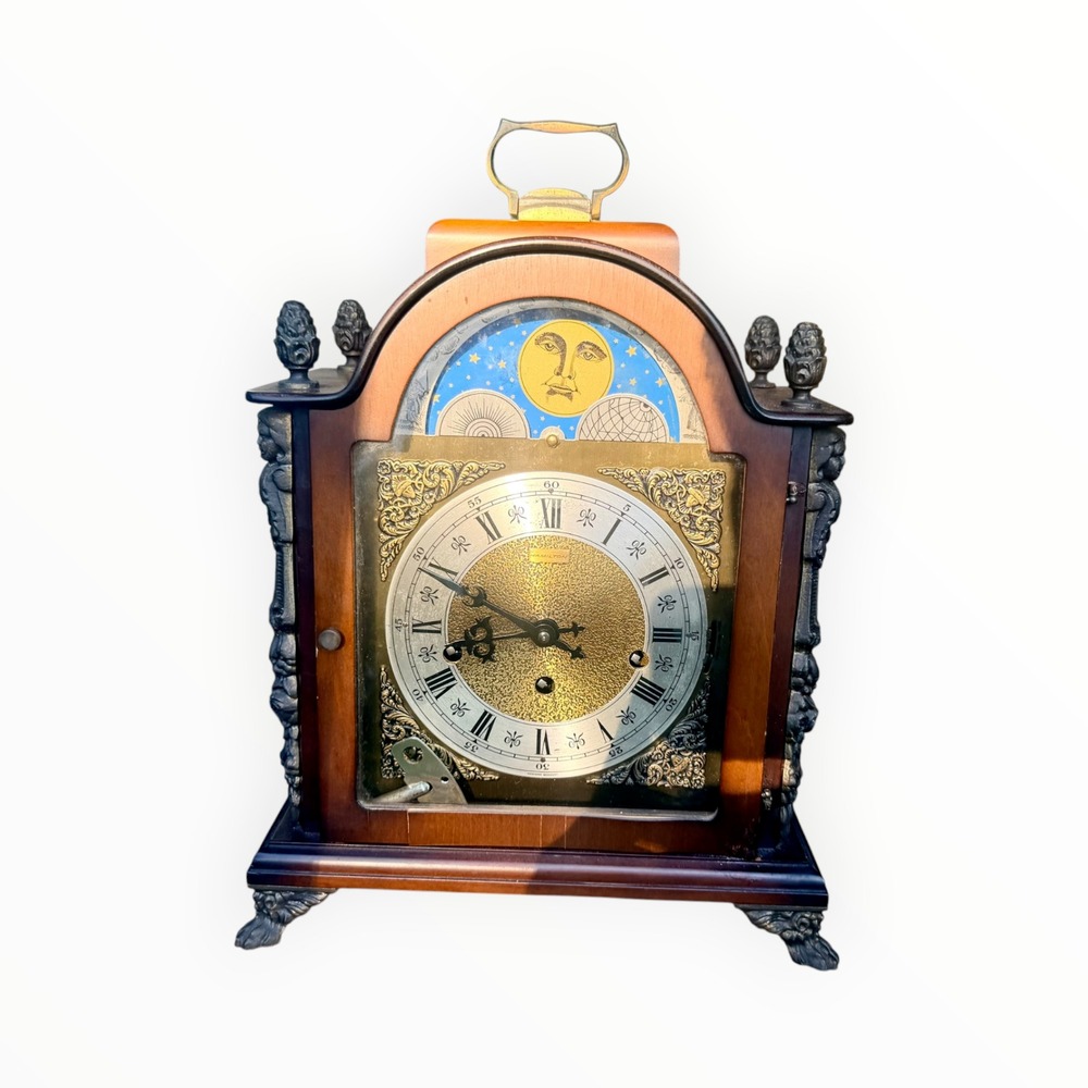 Vintage Hamilton Germany Moon Phase Mantel Clock Wood Brass Mechanical Ornate